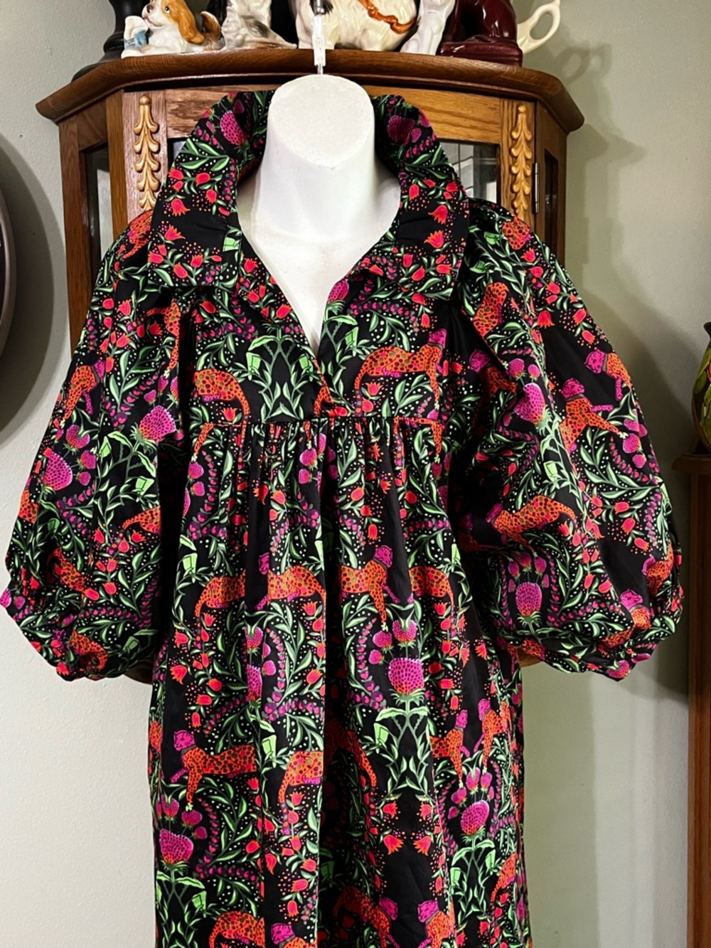 Emily McCarthy Black Leopard Strawberries Puff Sleeves Pocket Dress Small - Picture 2 of 10